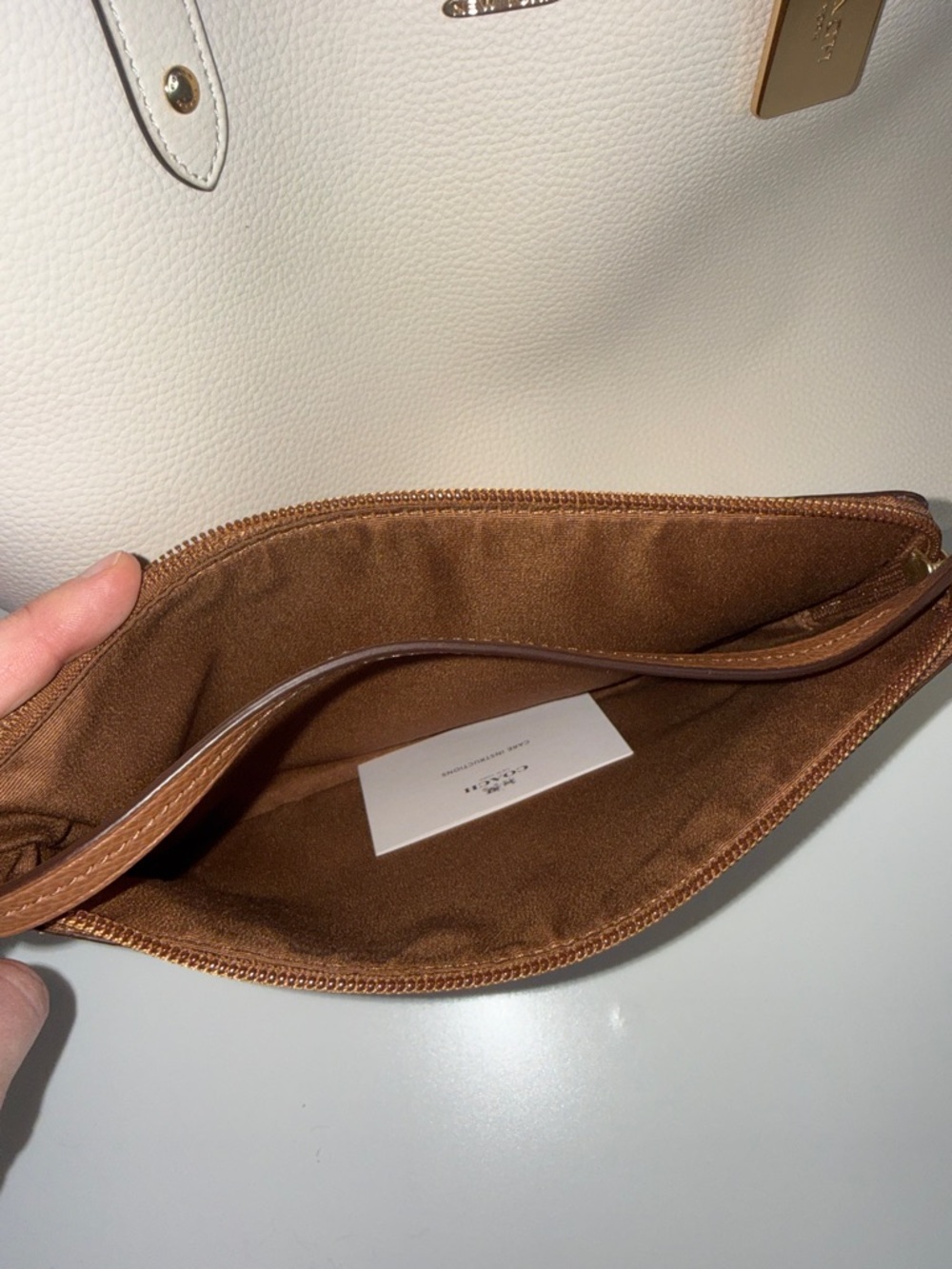 Coach Pebbled Chalk Leather Town Tote with Brown Pouch and a scarf accent - Picture 13 of 13